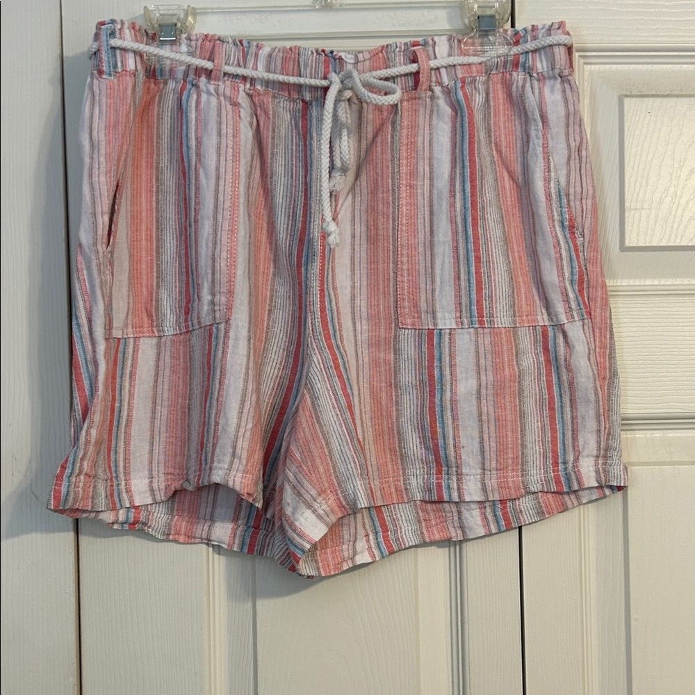 ALEXANDER JORDAN Size Large Striped Women's Shorts Linen Paperbag Waist Pul On